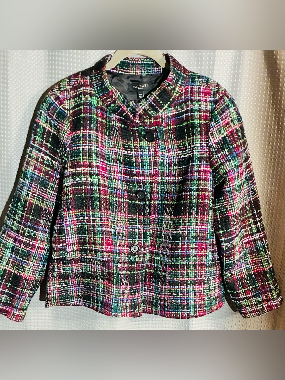Talbots Wool Multi-Color Tweed Blazer Jacket Sz 14P Plaid Pockets lined Dressy